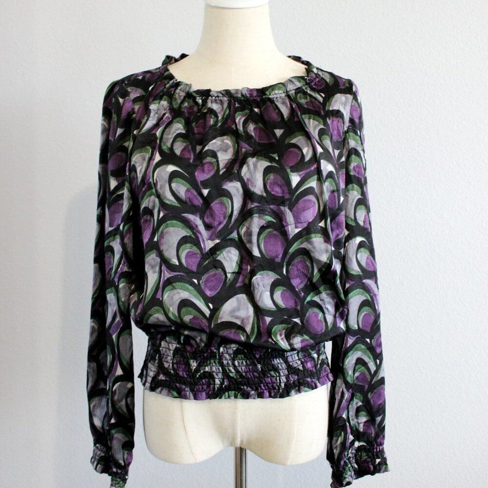 Alfani 100% Silk Peacock Pattern Long Sleeve Blouse Size 6